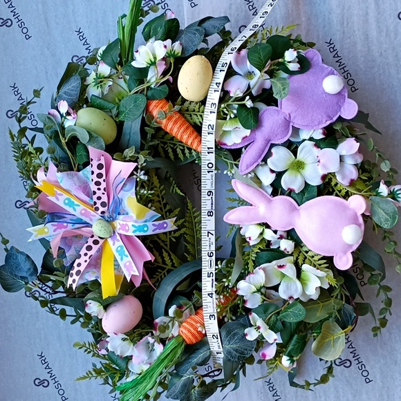 Easter Wreath with Bunnies Eggs Carrots Flowers and Greenery - Picture 8 of 8